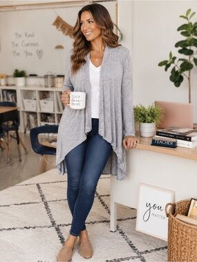 Azules Gray Open Front Waterfall Duster Cardigan Lightweight USA Size Small